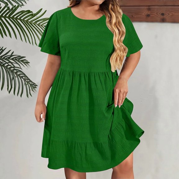Morttic Women's Solid Color Smocked Tiered Mini Dress – Short Sleeve Round Neck Loose Fit Plus Size Summer Casual Dress Green,S