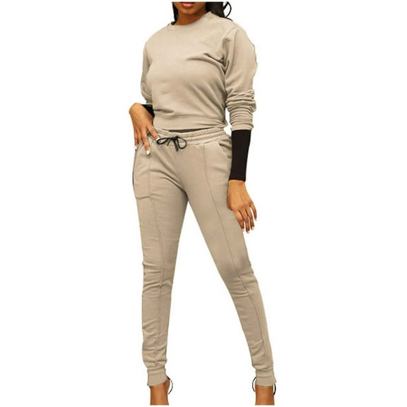 Scyoekwg Women Tracksuits 2 Piece Set Fall Outfits Crewneck Long Sleeve Sweatshirts Elastic Waist Jogger Pants Sweatpants Set Casual Solid Color Fashion Loose Sweatsuits (Beige,L)