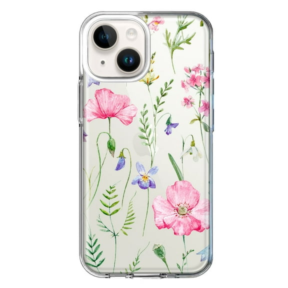 MUNDAZE Case for Apple iPhone 15 Plus Hybrid Shockproof Slim Hard Soft TPU Shell Heavy Duty Protective Phone Cover - Spring Pastel Wild Flowers Summer Classy Elegant Beautiful