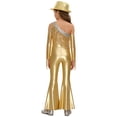 thumbnail image 2 of inlzdz Kids Girls 70s Hippie Dance Outfits One Shoulder Metallic Sequin Tassel Bell Bottom Jumpsuit and Hat Gold 12, 2 of 6