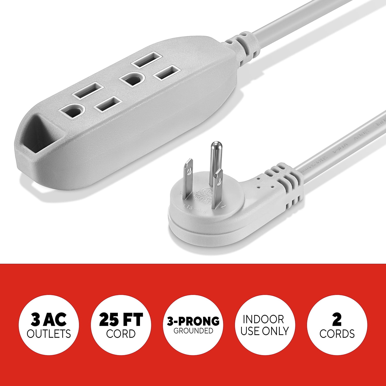 Staples TECH 25' Extension Cord 3-Outlet 16 AWG Gray 2/Pack (ST62346)