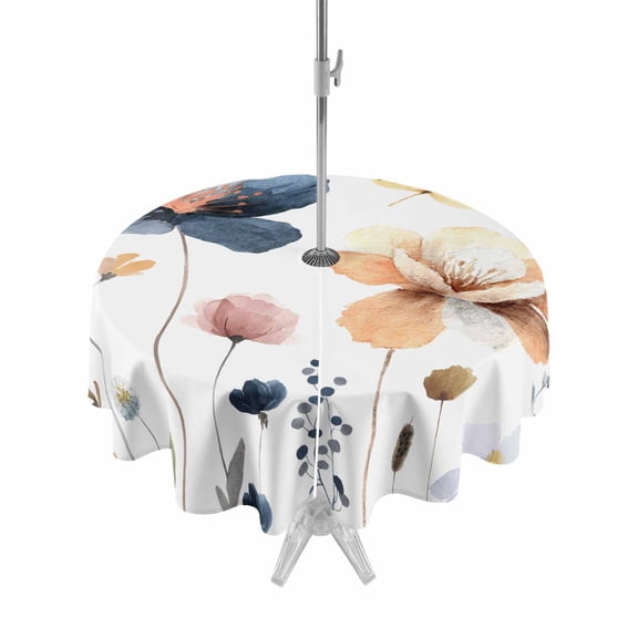 Outdoor Tablecloth with Umbrella Hole for Patio/Picnic/Party/Camping, Blue Yellow Flowers Waterproof Table Cloth Round Cover Washable, Spring Summer Garden Wildflowers (Dia 60")