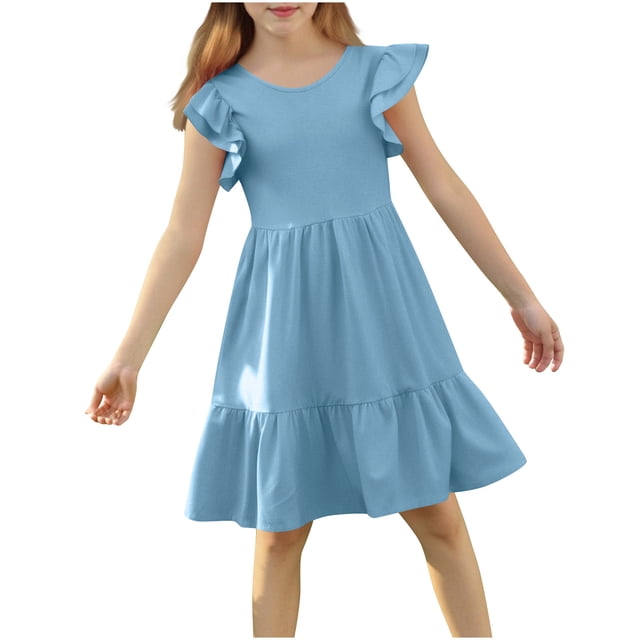 Cinvopg Girls Dresses Summer Casual Cute Flowy Dress Ruffle Short Sleeve Solid Swing Dresses