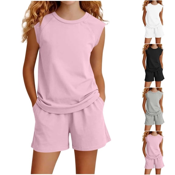 Stamzod Summer Outfits for Girls Casual Cap Sleeve T Shirt and Shorts Clothing Sets 2 Piece Girls Lounge Sets White B 11-12 Years