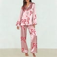 thumbnail image 2 of FEIJIBA Womens Pajama Sets Women Bow Pajamas Satin Set 2 Piece Button Down Shirts Wide Leg Pants Cute Ladies Loungewear Sets Valentine's Day, 2 of 6