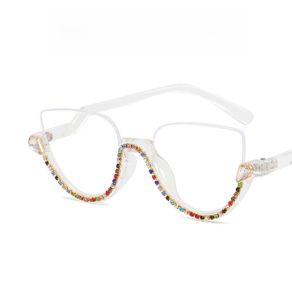 Women Half Moon Blue Light Blocking Reading Glasses 1.75 Ladies Semi-Rimless Colorful Diamond Readers +1.75 Strength
