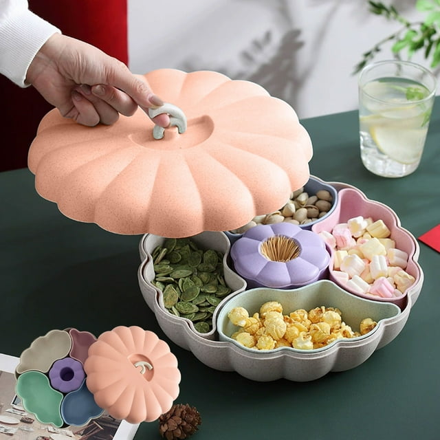 Todaioua Support à Collations Citrouille, Support de Bol à Collations Citrouille à Double Couche avec 4 Compartiments Divisés, Bol à Collations Citrouille avec Rangement pour Cure-Dents, Contenant de Service d'Halloween pour Bonbons et Collations