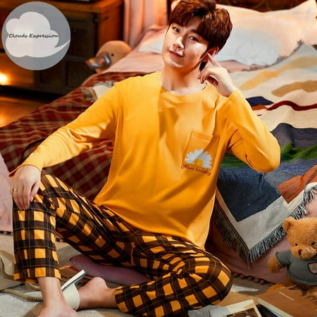 

QWZNDZGR Autumn Winter Long-sleeved Men s Cotton Pajamas Letter Striped Cartoon Pajama Sets Casual Men Pyjamas Plus Size 3XL Pijama Set