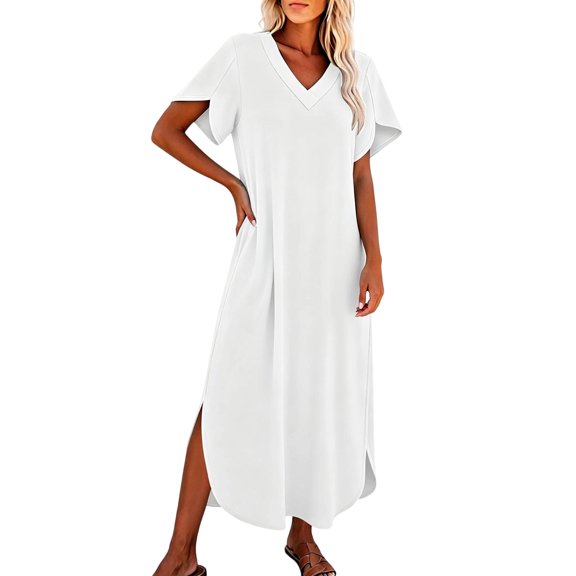 zbxnLI Summer Dress for Womens V Neck Short Sleeve T Shirt Dresses Casual Loose Beach Vacation Long Sundress