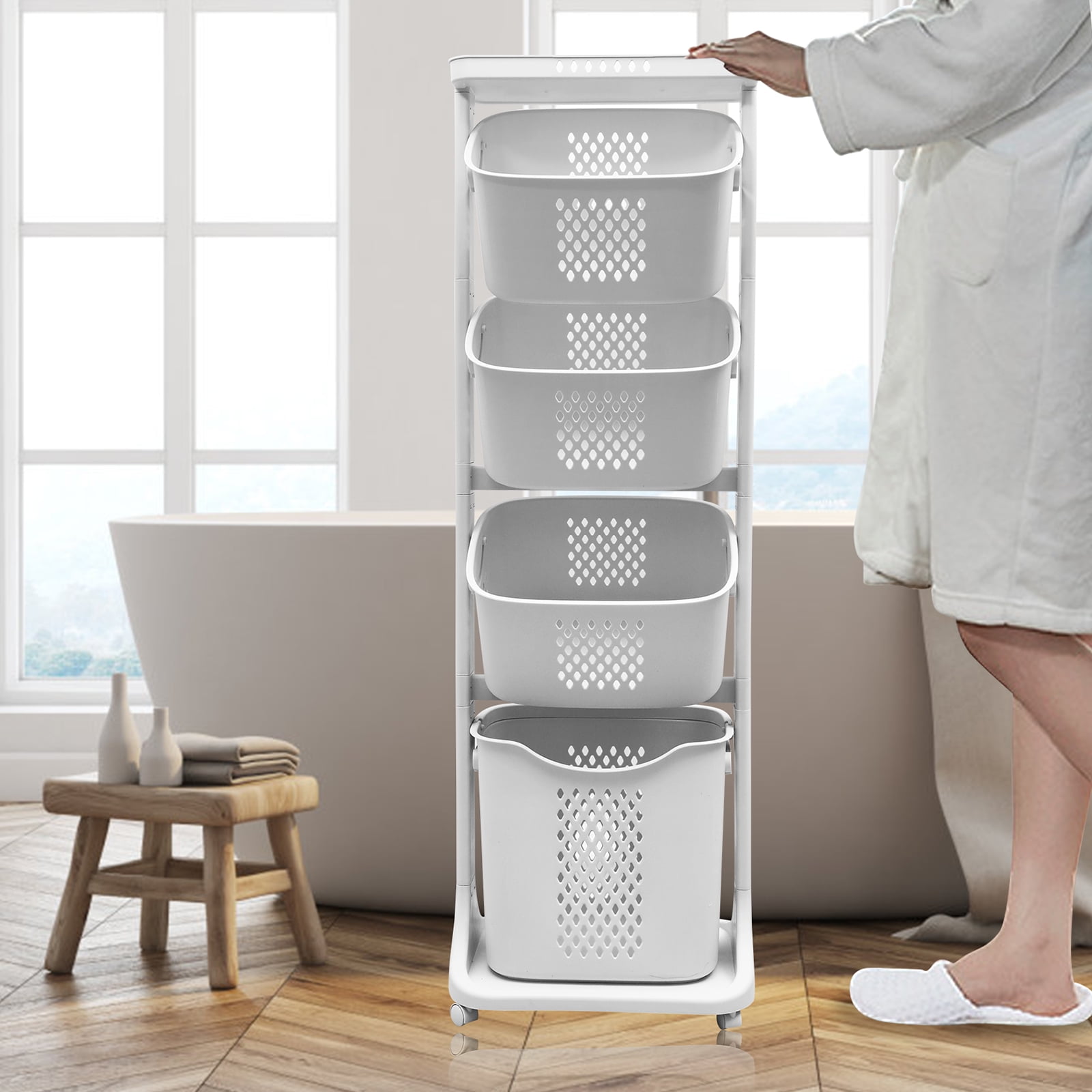 CATGOOD Rolling PP Laundry Hamper with 4 Bins, White, 2-Bag