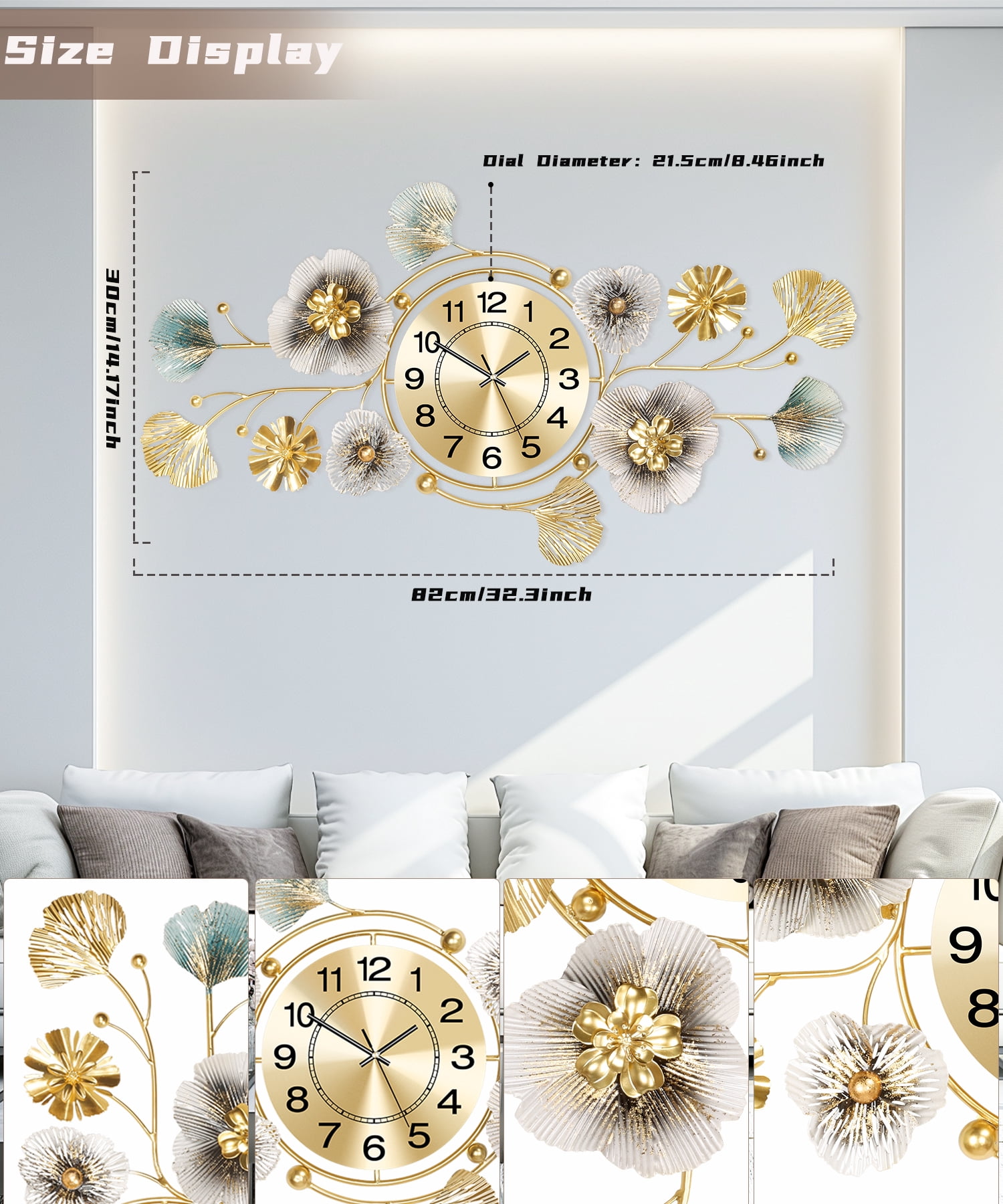 Wall Clock,Large Wall Clock,Silent Wall Clocks Battery Operated, Metal Ginkgo Leaf Design, Can Be Suspended Vertically or Horizontally,for Living Room, Entryway, Office or Bedroom Decor(33''x14'')