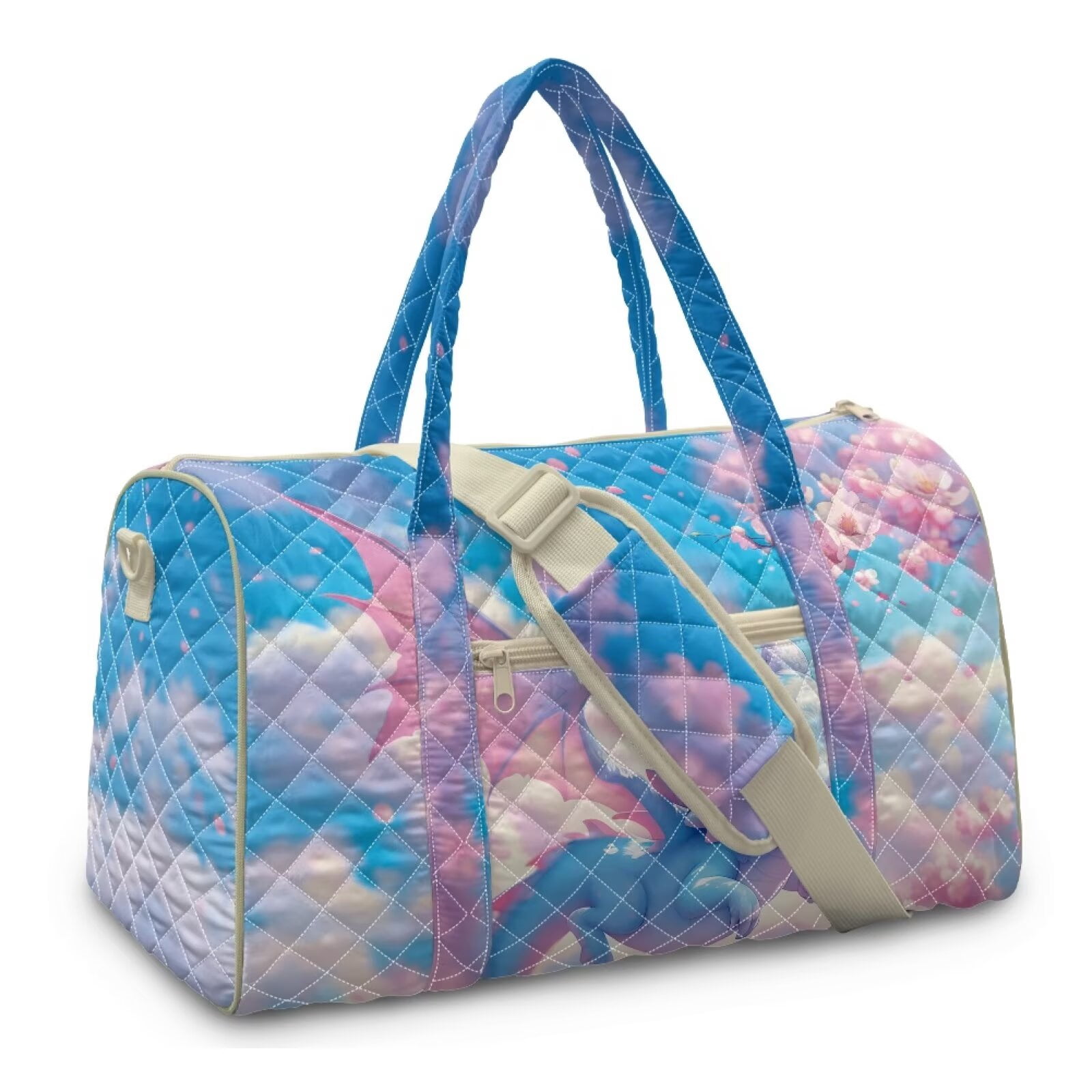 Garronmavis Cute Cherry Blossom Dragon Print Large Quilted Duffle Bag for Women, Weekender Travel Bag Carry On Bag for Gym, Dance, Overnight Trips