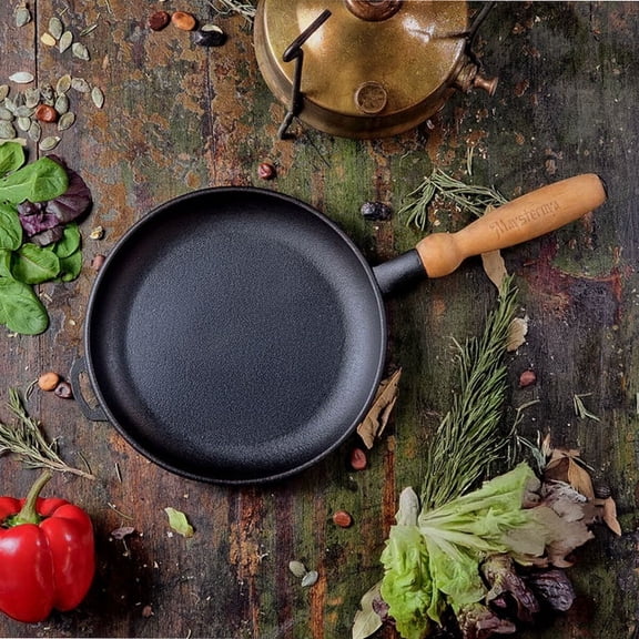 Maysternya Cast Iron Pancake Pan with Wooden Handle 8.7" (22 cm) Crepe Pan Kitchen Pan Cookware Frying Pan for Pancakes Induction Pan Cast Iron Skillet, Black
