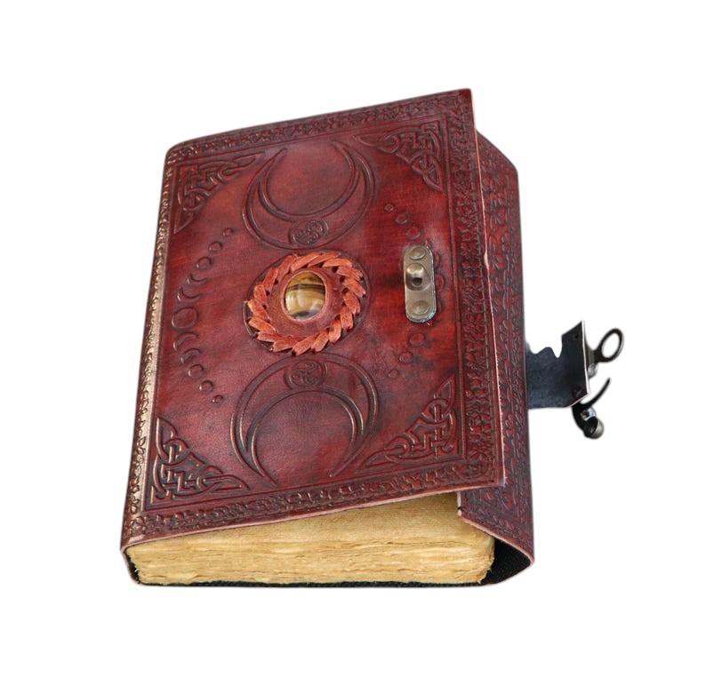 Handmade Leather Journal with Tiger Eye Stone & Celtic Moon Design – 5x7 Inch Vintage Deckle Paper Notebook, 200 Pages