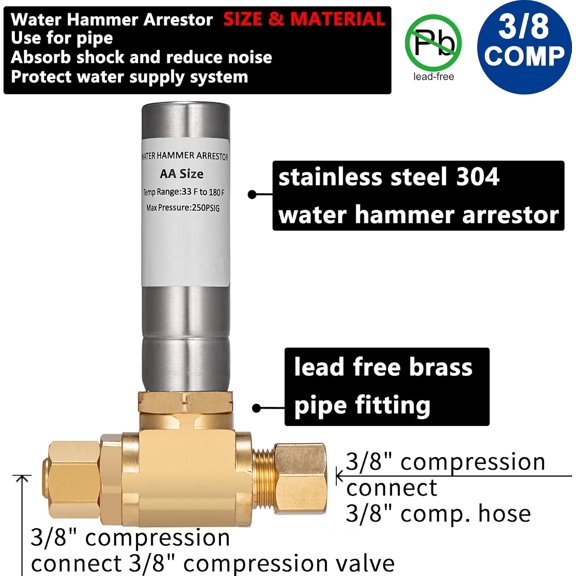 NDIUG-(1 Pack) Water Hammer Arrestor 3/8" Compression Stainless Steel Chamber For Pipe LI-XSTSC-231-2-FM(1 PCS)