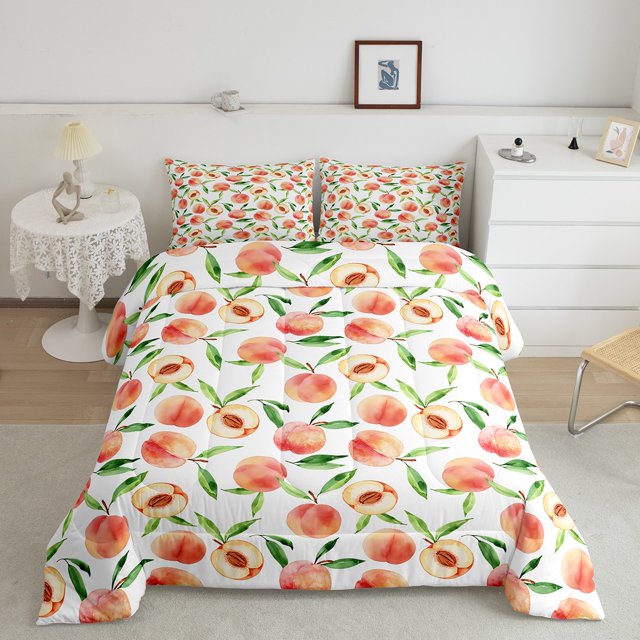 Erosebridal Teens Peach Bedding Comforter Set, Fruit Print Comforter Sets , Cartoon Reversible Down Comforter, Microfiber Room Decorative, 2 Pieces