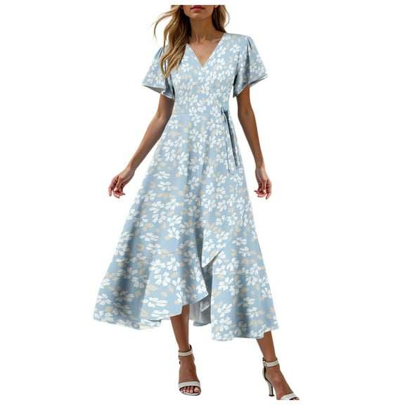 felwors Summer Dresses for Women 2025 Casual V Neck Short Sleeve Floral Midi Dress Tie Waist Ruffle Boho Cute Summer Dress Blue, XXL