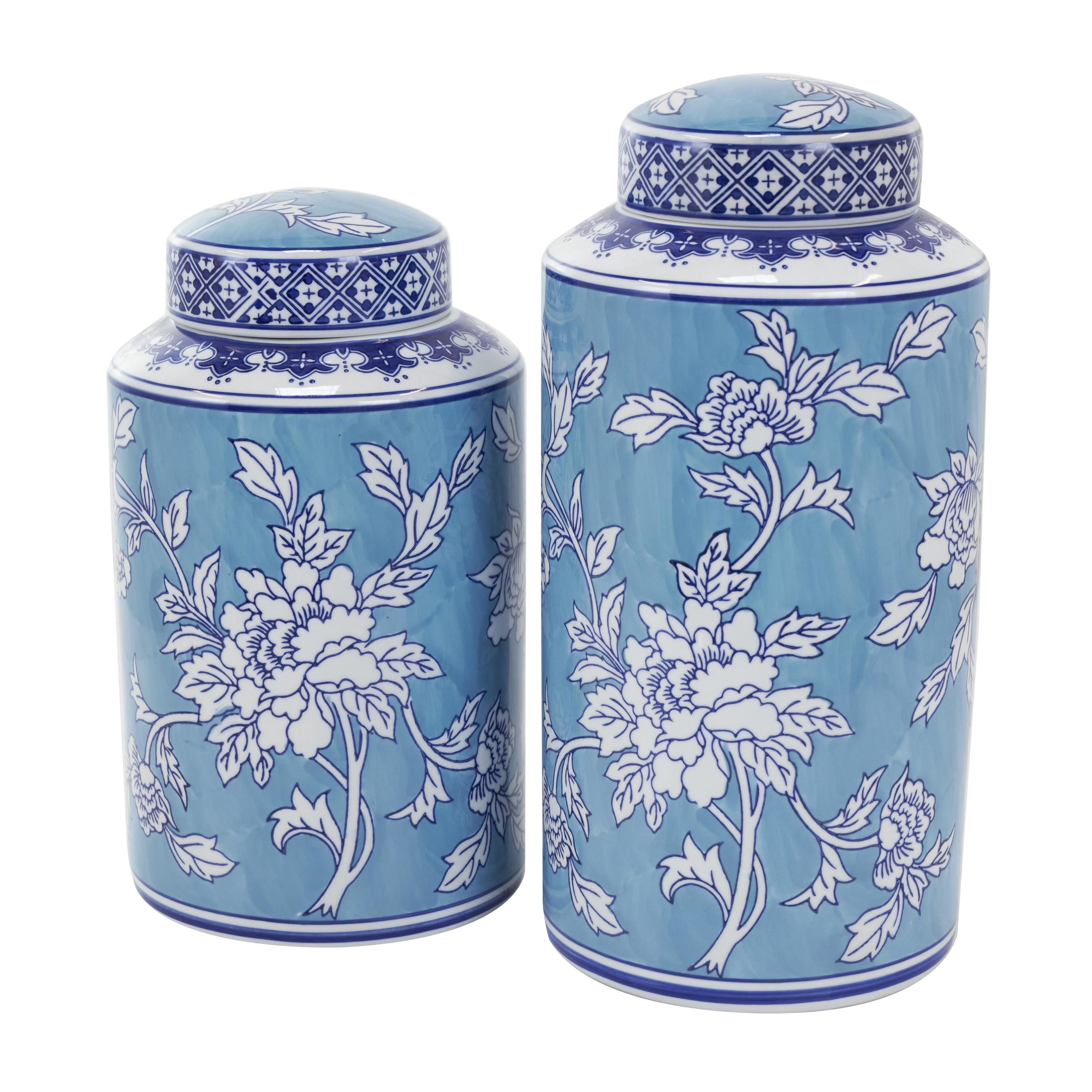 DecMode 12", 14"H Blue Ceramic Decorative Jars with White Floral Patterns, 2-Pieces