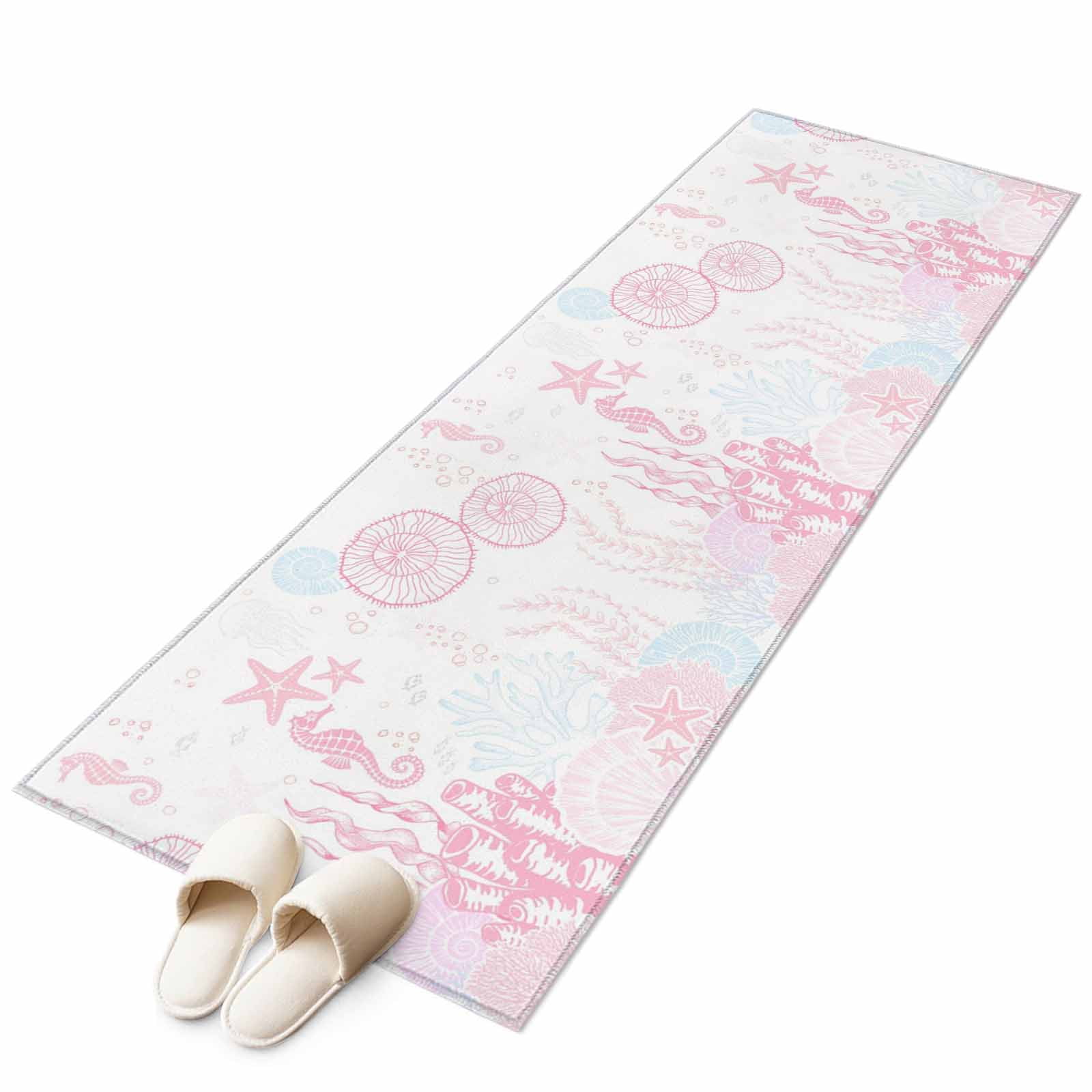 Kitchen Runner 2 x 6 Ft, Coastal Pink Non-Slip Residential Carpet, Ocean Coral Starfish Jellyfish Seahorse Indoor Crawling Mats Runner Rugs for Living Room/Dining Room/Bedroom
