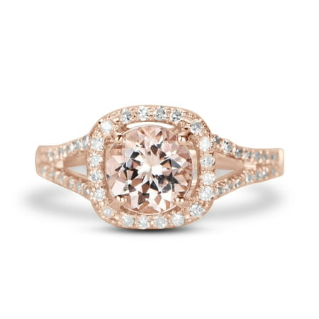 1.25 carat Morganite and Diamond Halo Engagement Ring in 10k Rose