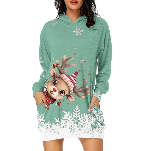 WILLBEST Sudadera Deportiva para Mujer Sudadera Larga con Capucha, Estilo Casual, con Estampado de Ciervos Navideños, Ideal para Otoño E Invierno X-Grande