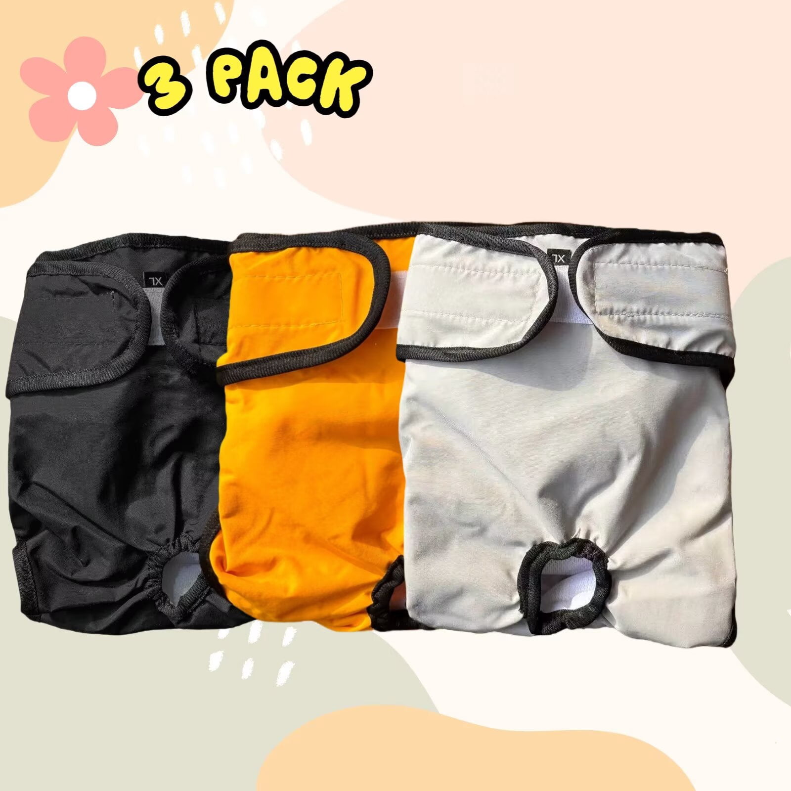 FanciHommie 3-Pack Reusable Female Dog Diapers with Adjustable Hook-and-Loop Tape, Ripstop Outer & Absorbent Lining, XL Yellow/Gray/Black