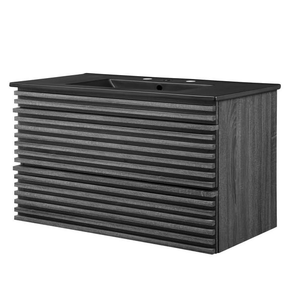 Wall Mount Sink Vanity Cabinet, Dark Grey Gray, Wood, Mid Century Hotel Bedroom Bathroom, Modern Contemporary HB33672