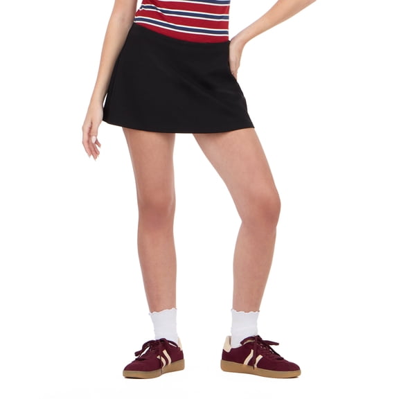 Forever 21 Women's Mini A-Line Skort with Built-In Inner Shorts, Soft Stretch Casual Mini Skirt Shorts Combo, Everyday Pull-On Style, Black, XXS-XXL