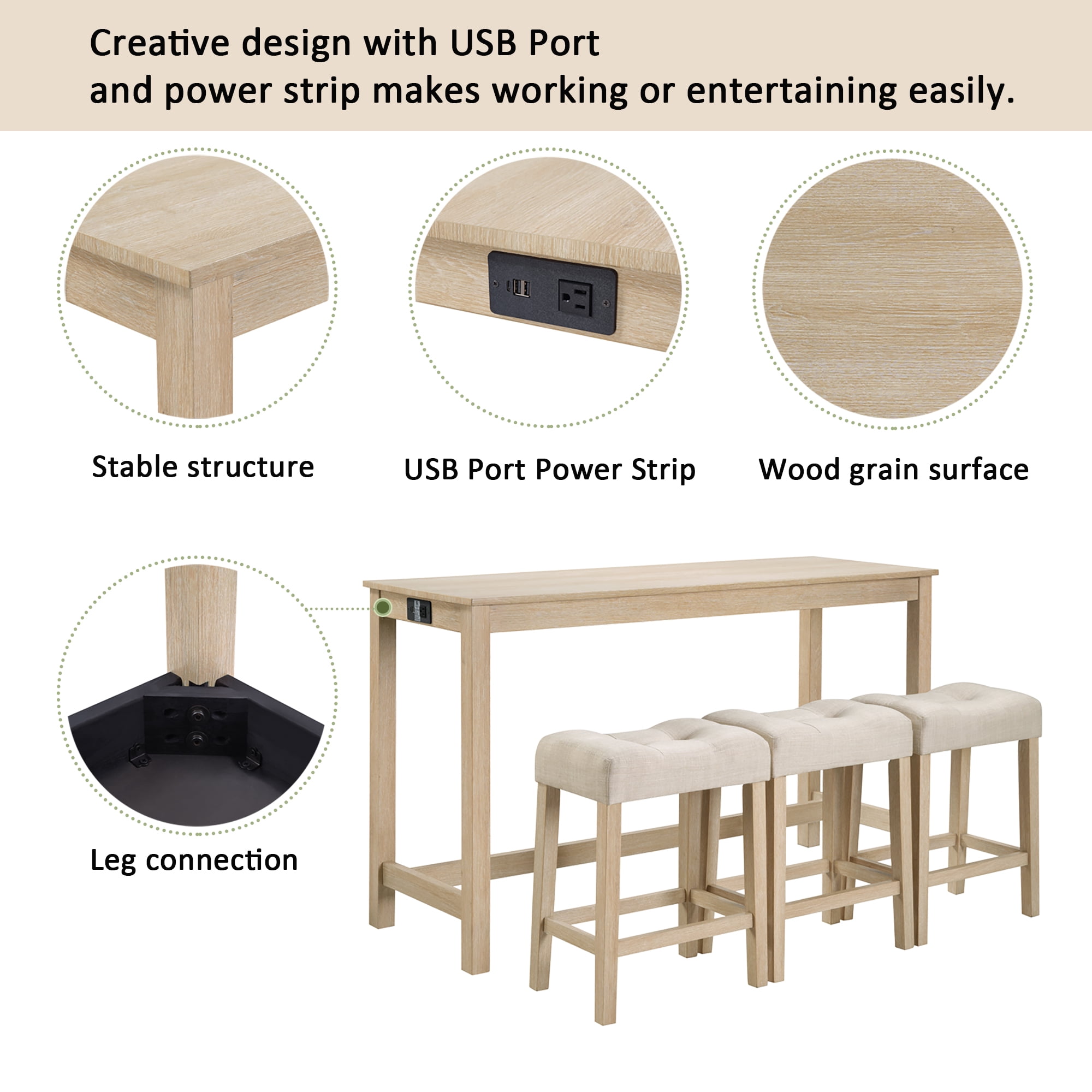 Gewnee 4 Piece Bar Table Set with Power Outlet,Counter Height Pub Table with Padded Stools,Behind Couch Table for Living Room,Dining Room.Light Oak