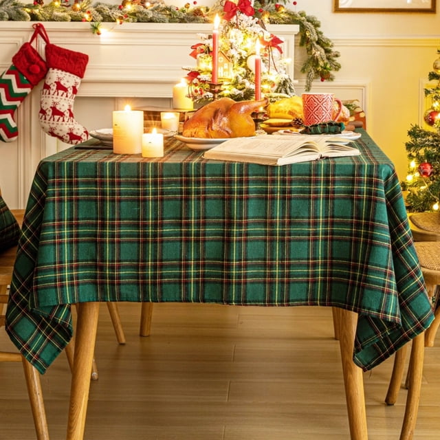 Red Tartan Plaid Snowflake Christmas Tablecloth, Winter Holiday Tablecloths for Rectangle Tables Parties Dining Farmhouse Kitchen Decor