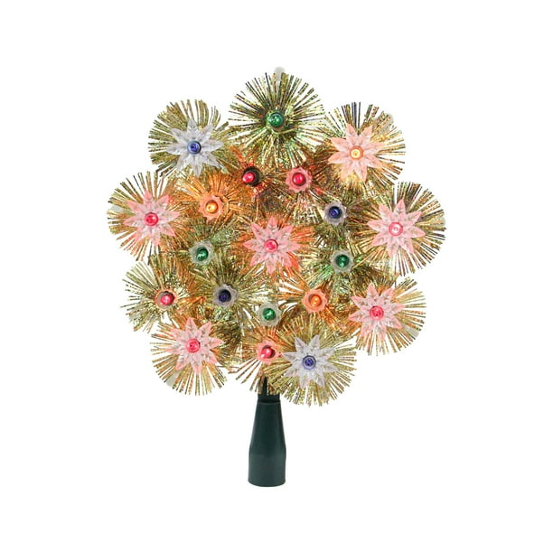 8" Lighted Gold Retro Tinsel Snowflake Christmas Tree Topper Multi Lights