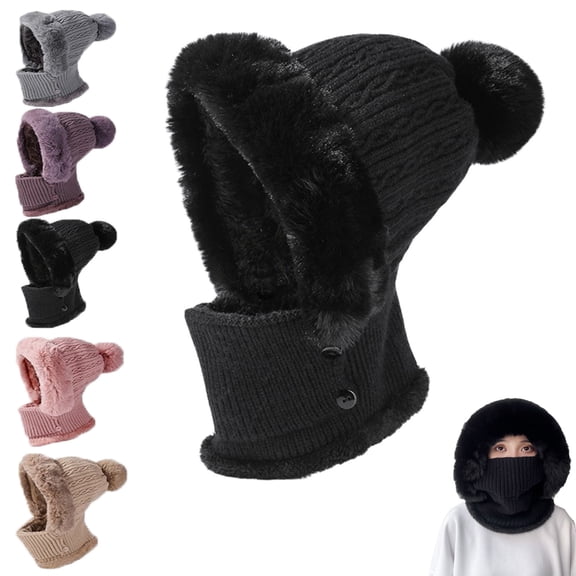 3 in 1 Beanie Hat with Scarf and Mask, 2027 New Windproof Balaclava Scarf with Face Cover, Womens Knit Beanie Hat Fleece Lined Winter Scarf Mask Set Snow Caps