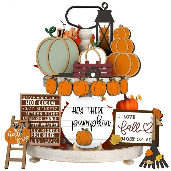 ABODELINE 12 Pcs Fall Tiered Tray Decor, Pumpkin Fall Decorative Signs, Autumn Thanksgiving Wooden Decorations for Home Kitchen, Farmhouse Table Decor