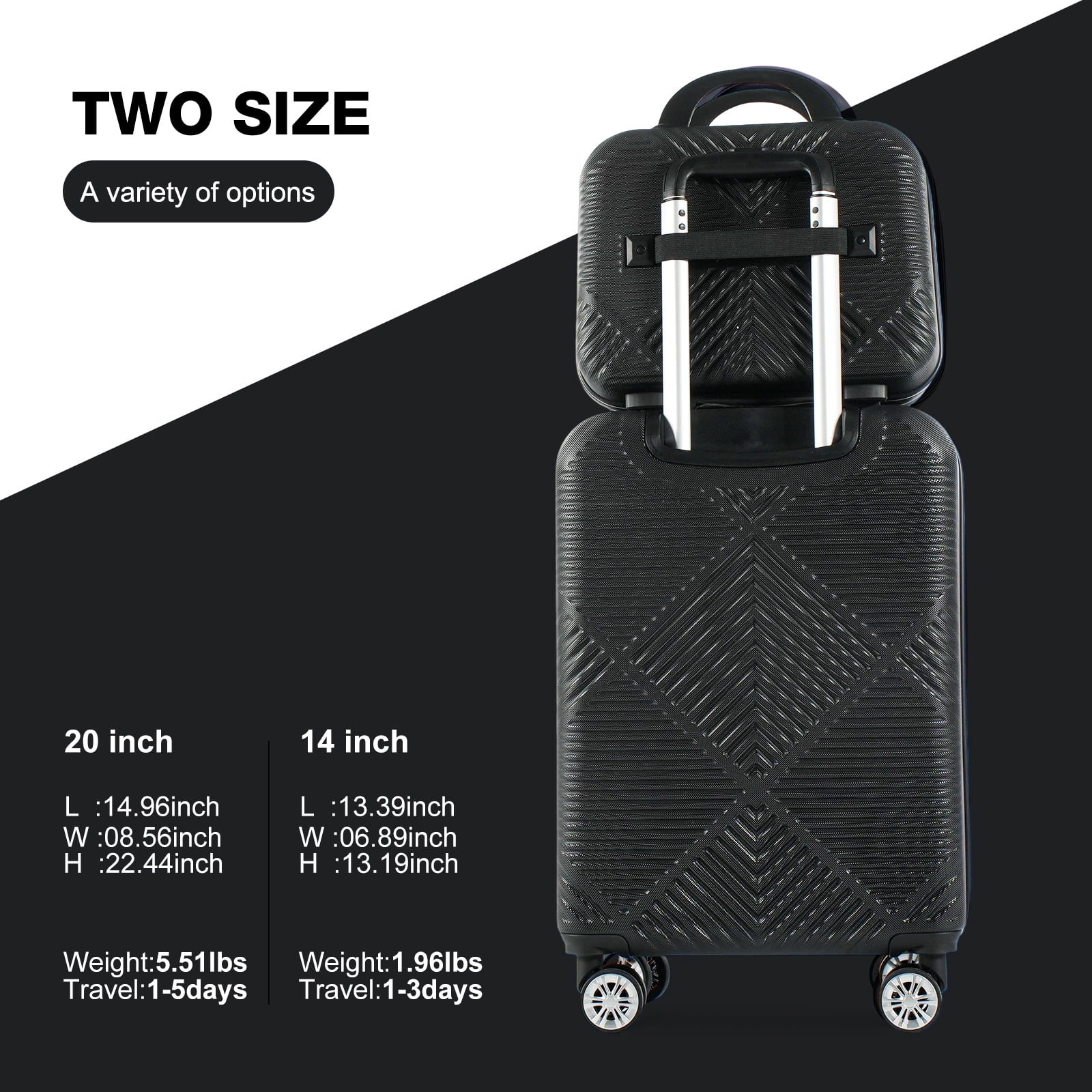 Tripcomp Luggage Sets 2 Piece Suitcase Set (14/20/)Hardside Suitcase with Spinner Wheels Lightweight Carry On Luggage(Black)