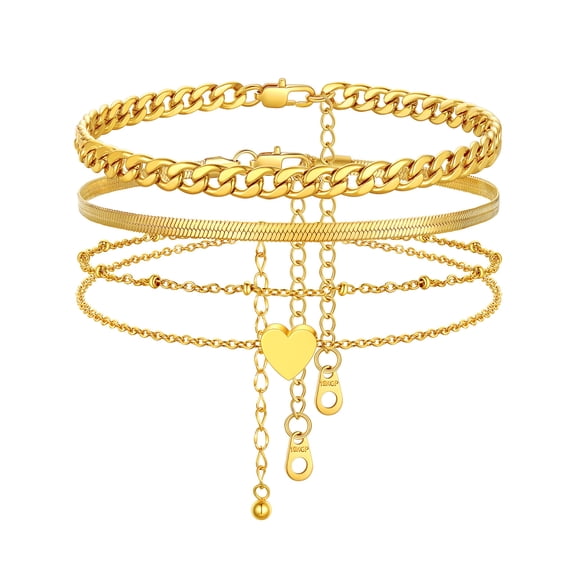 FindChic 3pcs Layered Anklets for Women Gold Plated Herringbone Chain Cuban Link Beaded Heart Ankle Bracelet Set Adjustable Foot Chain Stainless Steel Waterproof Summer Beach Jewelry Gifts for Mom