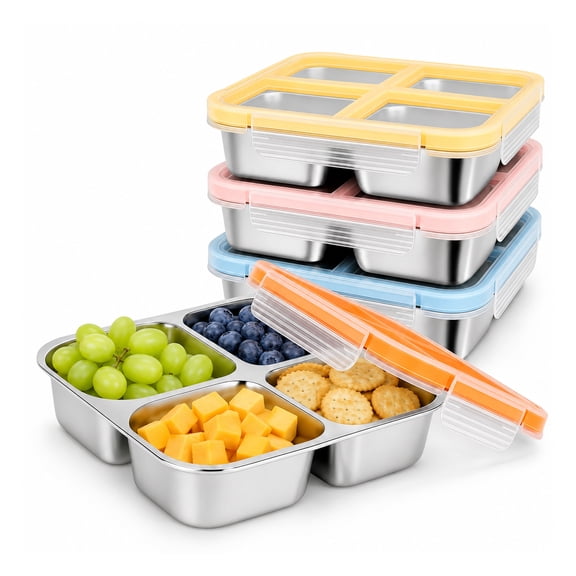 4 Pack Stainless Steel Snack Containers with Lids, 4-Compartment Leakproof Bento Boxes for Work & Travel, Dishwasher Safe