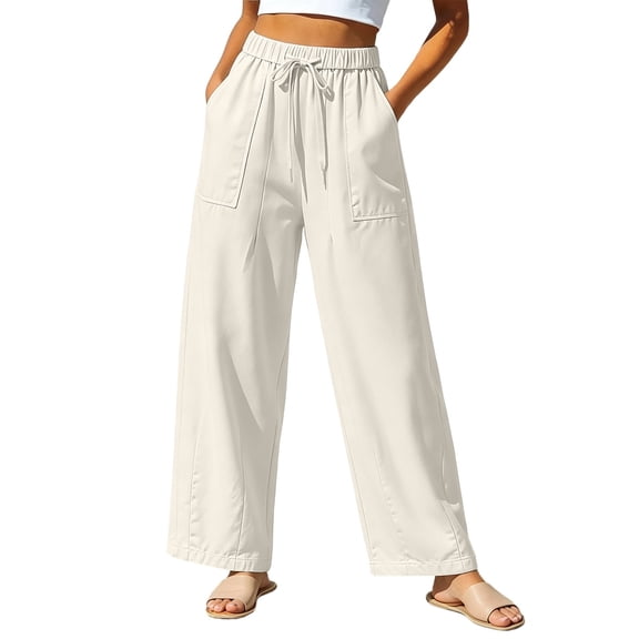 Levmjia Women's High Waisted Wide Leg Pants Summer Casual Loose Fit Trousers with Pockets Elastic Waist Solid Color Straight Leg Cropped Pants