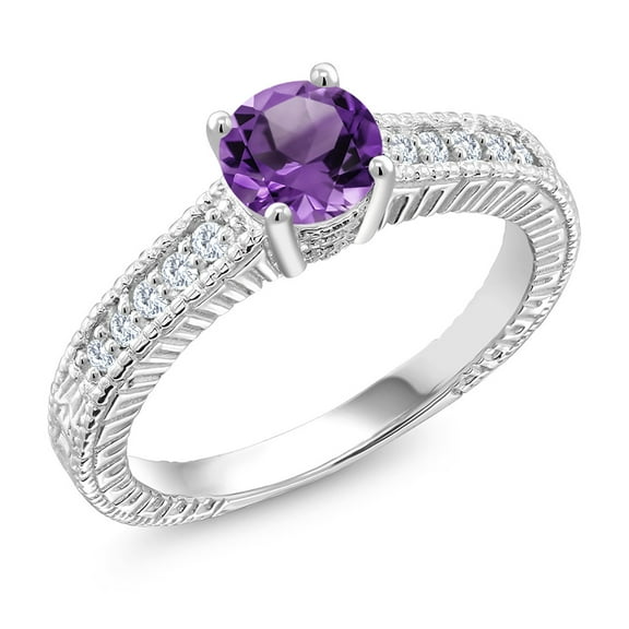 Gem Stone King 925 Sterling Silver Ring Round Purple Amethyst and Moissanite (1.15 Cttw, Size 5)