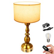FSLiving Retro Golden Metal Table Lamp, Cordless Battery Operated by Remote Dimmable, Linen Fabric Shade, Wireless Warm Light for Living Room, Console, End Table