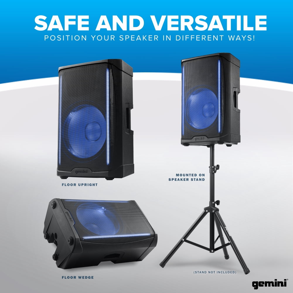 Gemini Sound GD-L115BT Powered LED Lit 1000W 2-Way Linkable Bluetooth PA Speaker with 3 Channel Mixer