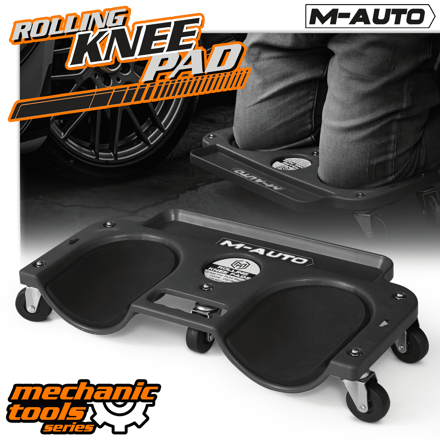 M-AUTO Rolling Plastic Knee Creeper, Tool Tray Holder Multifunctional Sliding Rolling Knee Pads, 200 lbs Capacity - Black