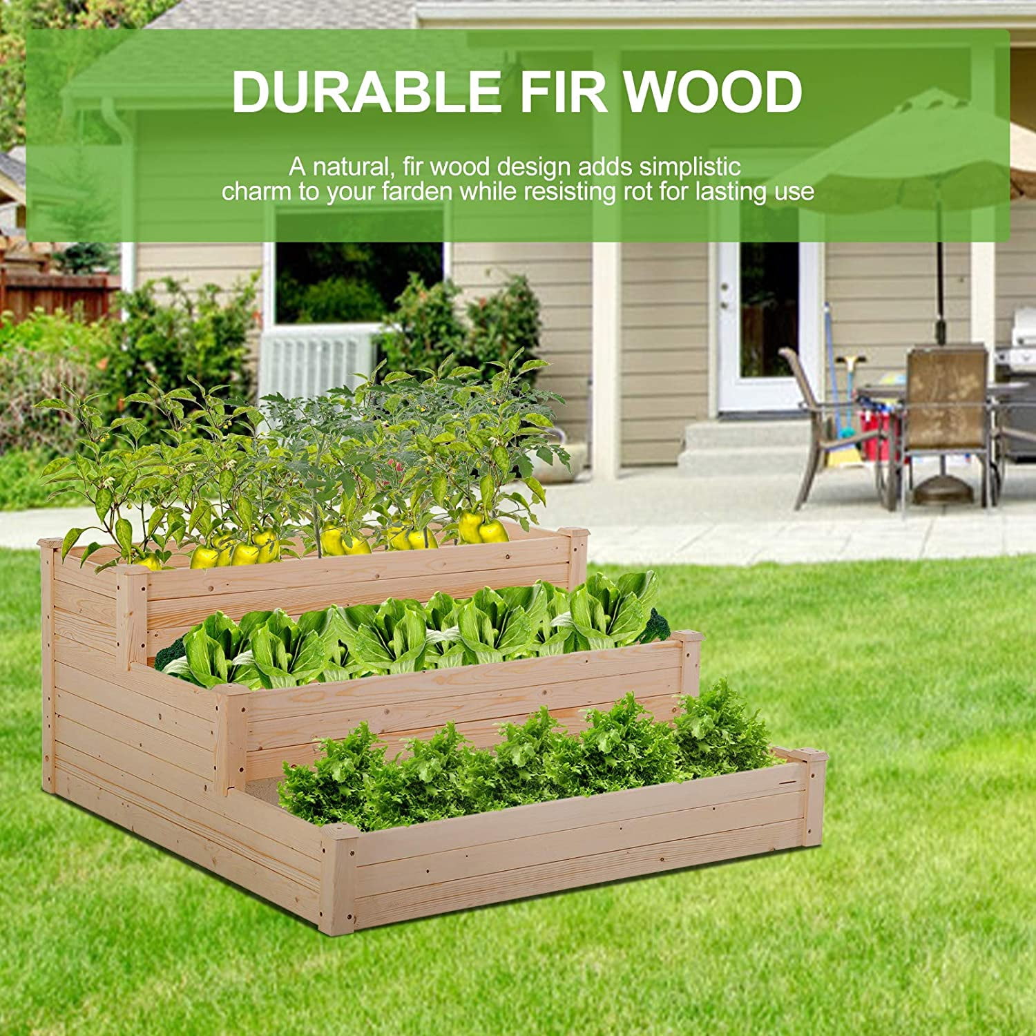 3-Tier Raise Garden Bed, Elevated Garden Bed Kit Wooden Planter Box 48x48x22 inch Elevated Planter Box for Plants Herbs Vegetables, Natural