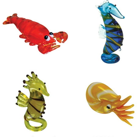 BrainStorm Looking Glass Miniature Glass Figurines, 4-Pack, Lenny Lobster/Morris Seahorse/Sally Seahorse/Nate Nautilus