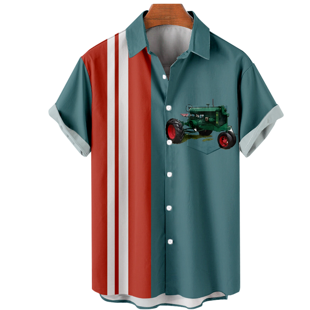 Mens Bowling Shirt Short Sleeve Hawaiian Aloha Beach Shirts Car Graphic