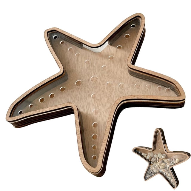 Starfish Wooden Display Storage Box with Acrylic Panel Shell Collection Shadow Box for Sea Glass Shark Teeth Mini Seashells Beach Treasure Keepsake Memory Box Coin Bank Home Coastal Decor