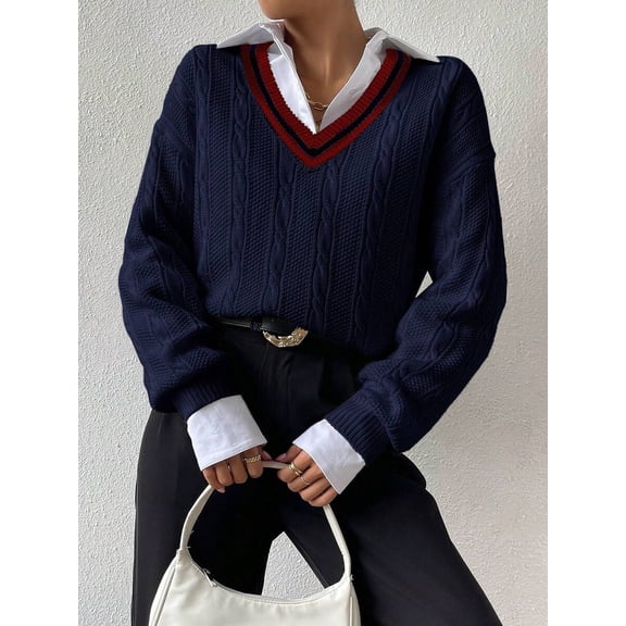 Women Chunky Knit Long‑Sleeve Sweater With Striped Trim and Dropped Shoulder