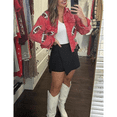 thumbnail image 3 of Women's Cropped Corduroy Jacket Football Sequin Patched Short Button Raw Hem Jacket Coat, 3 of 7