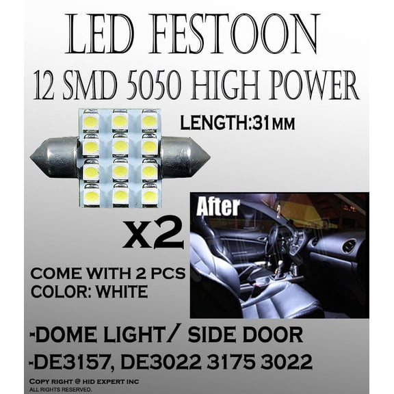 ICBEAMER 2 x White 1.25" 31mm DE3175 DE3022 12-SMD LED Bulbs For Dome Light
