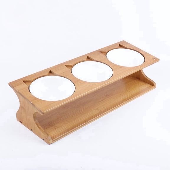 Fairela Elevated Triple Bamboo Pet Feeder with Ceramic Bowls,Raised Food & Water Stand for Cats,Small Dogs