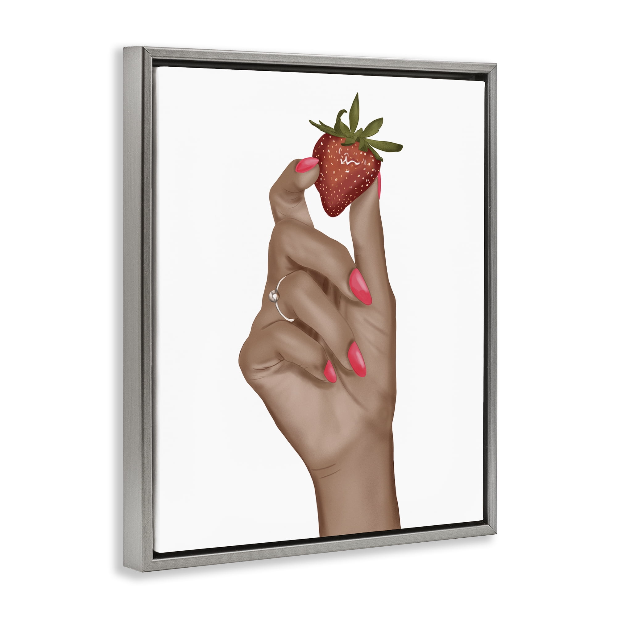 Stupell Industries Holding Juicy Strawberry People Painting Gray Floater Framed Canvas Art Print Wall Art, 17 x 21